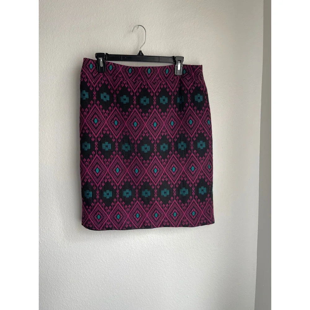 Ann Taylor Geometric Ikat Jacquard Pencil‎ Skirt Pink Teal Black Size 10